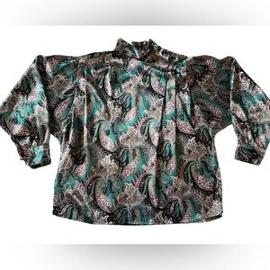 Vintage Tess Paris-Milan Paisley Blouse Teal Purple Boho Button Up Large